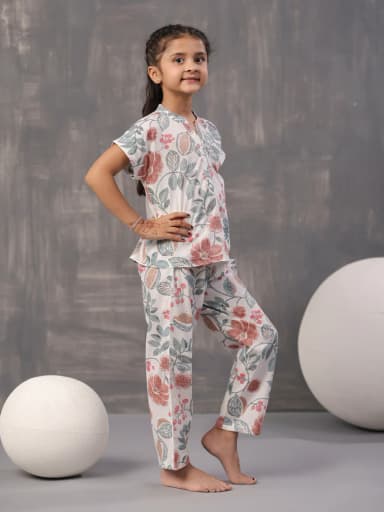 Multi Flower and Leaf Printed Cotton Kids Night Suits