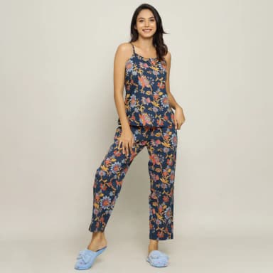 Blue Cotton Printed 3 PEICE Night Suit