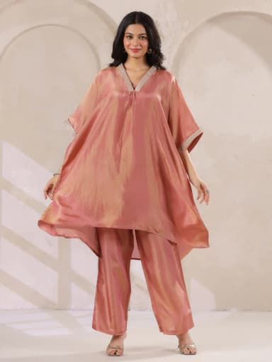 Rust Silk Blend Kaftan Co-ord Set with Embellished for Women