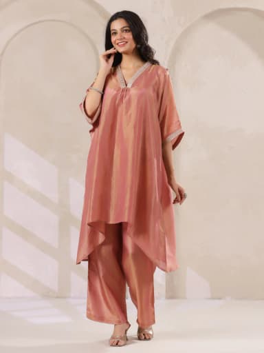 Rust Silk Blend Kaftan Co-ord Set with Embellished for Women