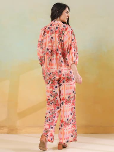 Red Linen Printed Shirt Collar Co-Ord Set for Women