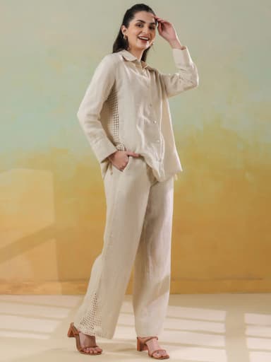 Cream Linen Shirt Collar Co-Ord-Set for Women