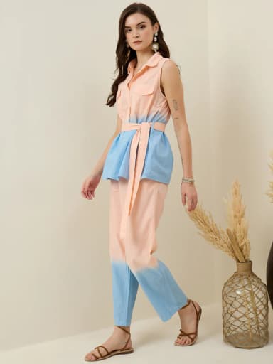 Peach Pure Cotton Shirt Collar Co-Ord Set for Women