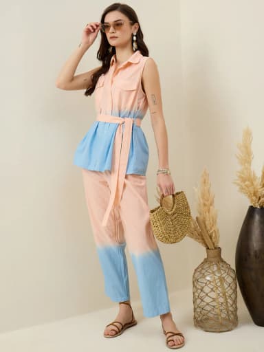 Peach Pure Cotton Shirt Collar Co-Ord Set for Women