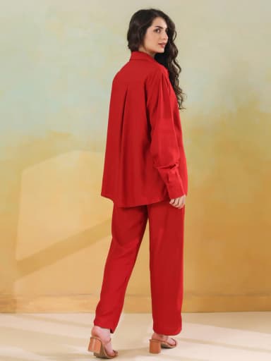Red Solid Shirt Collar Co-ords Set for Women