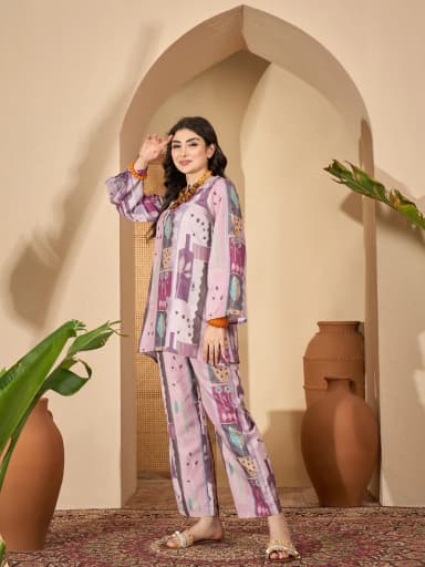 Multi Round Neck Linen Co-ords Set for Women