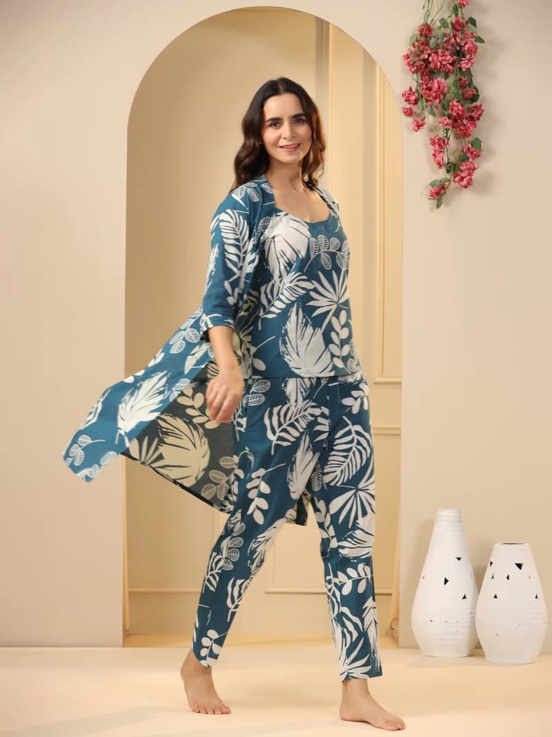 Teal Cotton Printed 3 PEICE Night Suit