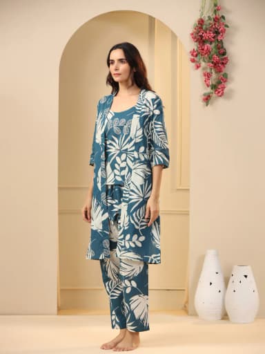 Teal Cotton Printed 3 PEICE Night Suit
