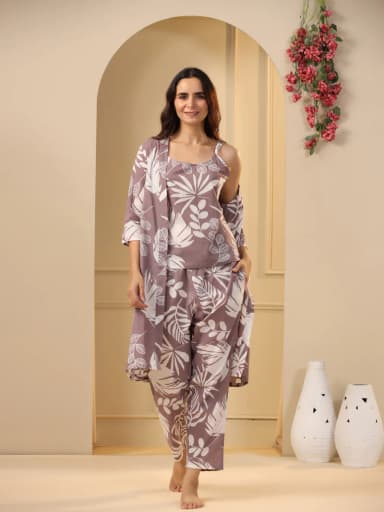 Lilac Cotton Printed 3 PEICE Night Suit