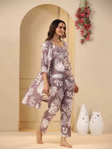 Lilac Cotton Printed 3 PEICE Night Suit