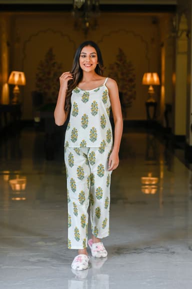 White/Green Cotton Printed Night Suit Shrug Set