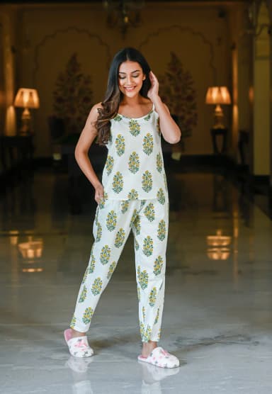 White/Green Cotton Printed Night Suit Shrug Set