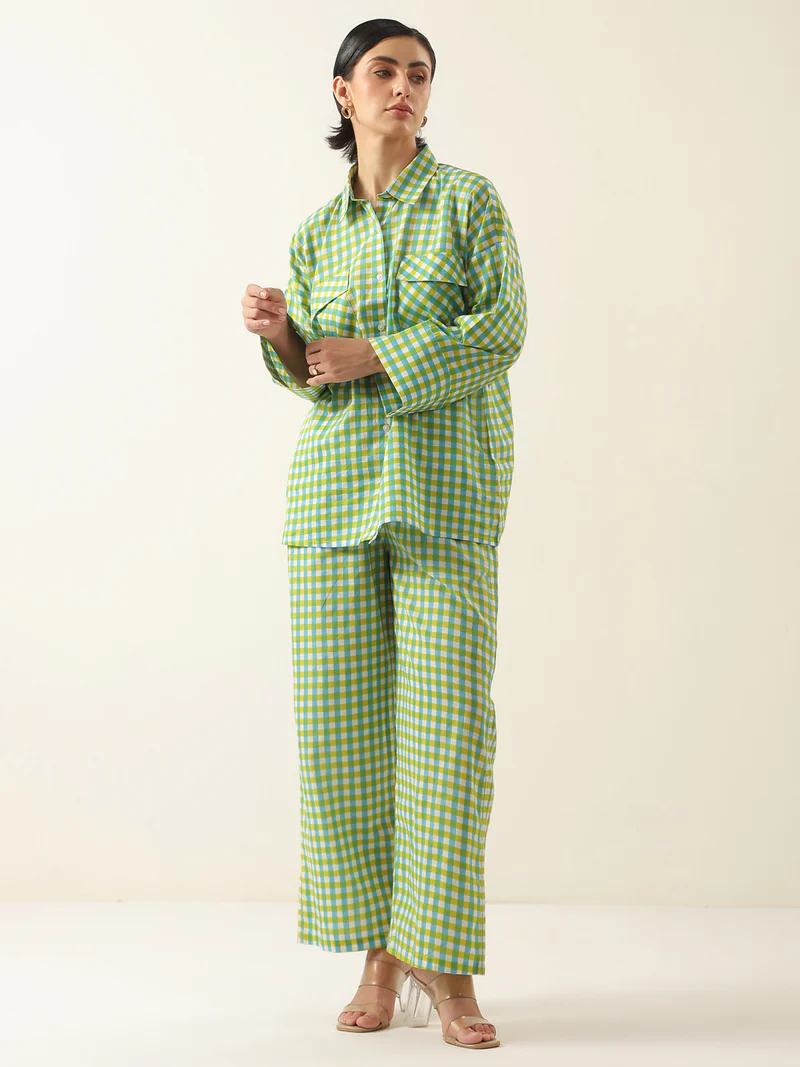 Green Color Check Printed Cotton Co-ords Set